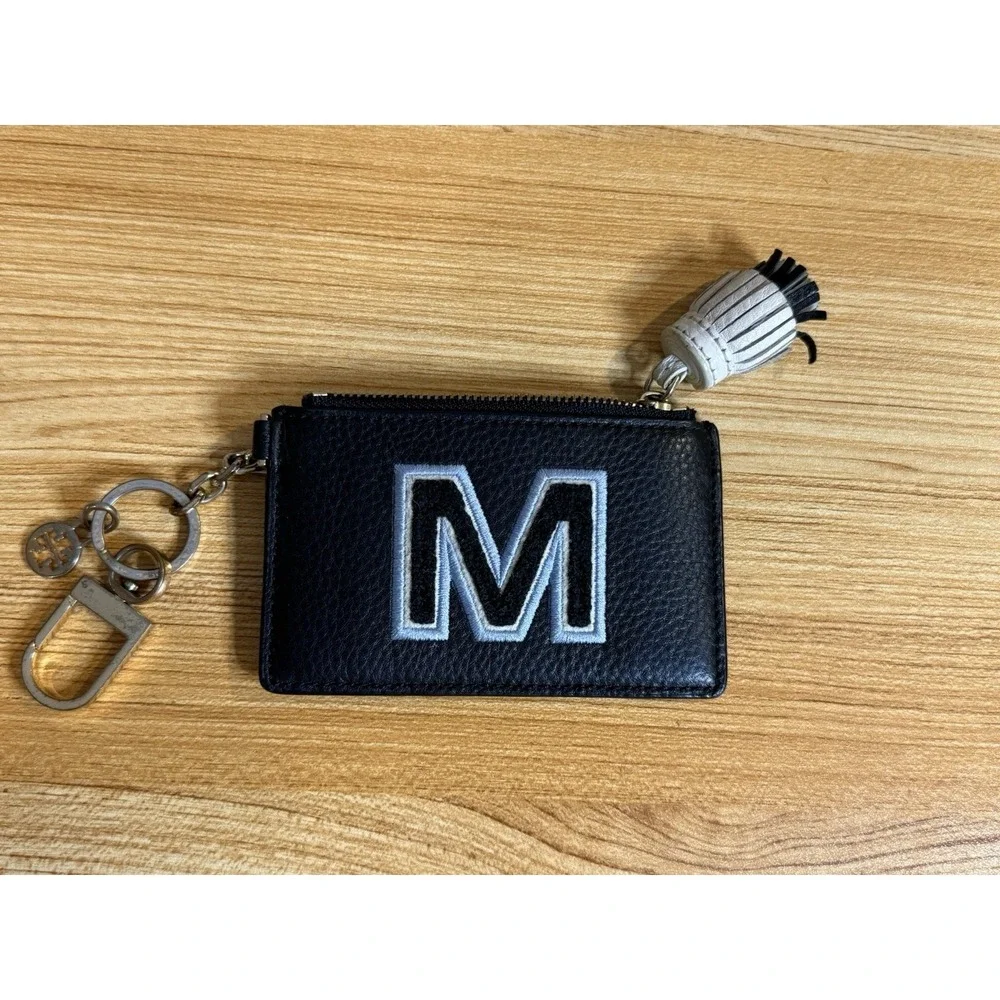 Tory Burch Monogram Card Coin Purse Black Leather W/ 